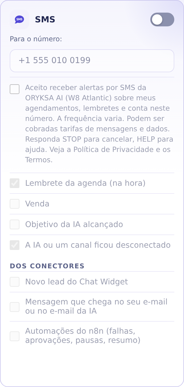 A autorização de SMS nas configurações da conta ORYKSA